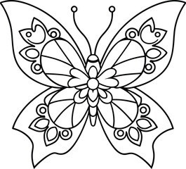 butterfly coloring page kids friendly simple line art cute flying insects with geometric flower mandala design pattern minimal clipart art KDP coloring interior
