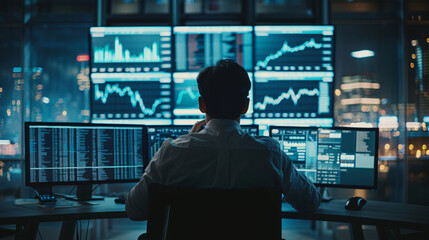 A detailed image of a financial trader using multiple screens to track stock market fluctuations in a modern office 