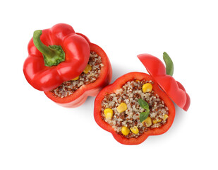 Quinoa stuffed bell peppers isolated on white, top view