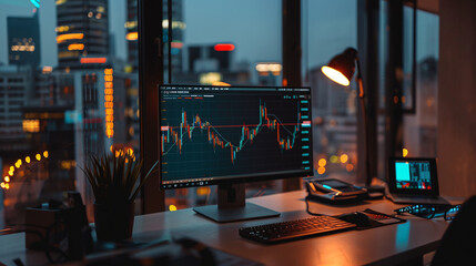 A high-definition image of a stock trading chart with candlestick patterns and technical analysis tools in a modern office setting 