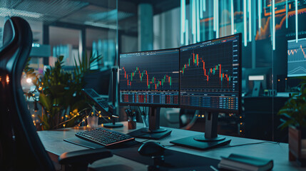 A high-definition image of a stock trading chart with candlestick patterns and technical analysis tools in a modern office setting 