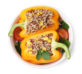 Quinoa stuffed bell pepper, tomatoes and parsley in bowl isolated on white, top view