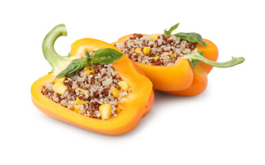 Quinoa stuffed bell pepper with basil isolated on white