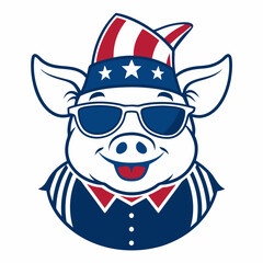 Cute American Pig in Patriotic Hat and Sunglasses Vector Illustration