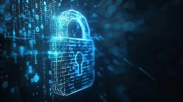 Cybersecurity background, digital padlock with binary code streams, dark background with blue highlights