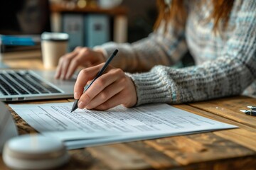 1. Beautiful person filling out a purchase order form on a wooden desk.  2. Close-up of a gorgeous hand completing a purchase order form on a wooden desk