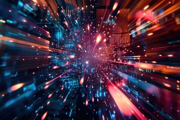 Obraz premium Abstract digital communication explosion focus on, cyber connectivity, dynamic, manipulation, network grid