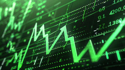 A realistic stock trading chart showing a sharp increase in price, with green candlesticks and upward-pointing arrows 