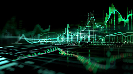 Naklejka premium An ultra-high-definition image of a stock trading chart with a prominent upward trend, highlighted with green lines and positive growth indicators 