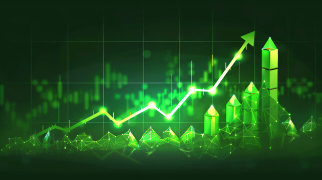 A realistic stock trading chart showing a sharp increase in price, with green candlesticks and upward-pointing arrows 