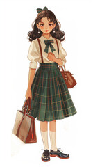 Dessin d'écolière européenne dans un style vintage, avec jupe écossaise, blouse blanche et sac à dos, jeune fille allant à l'école primaire, image nostalgique isolée sur fond blanc