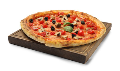 Delicious pizza with tomatoes, mushrooms, black olives and basil isolated on white