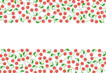 Hand drawn watercolor ripe cherries with green leaves wreath frame border isolated on white background. Can be used for postcard, invitation, scrapbook and other printed products.