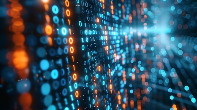 Moving data matrix, background of binary codes and flashing lights