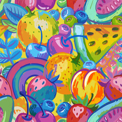 Vector hand drawn vibrant fruits seamless pattern. Illustrations of bright exotic tropical fruits, plants, flowers and berries