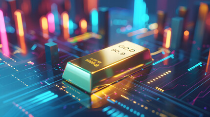 A 3D illustration showing a gold bar prominently displayed in a virtual financial workspace with animated economic indicators 