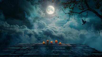 Halloween background featuring crows flying over a wooden table with burning candles under a full moon
