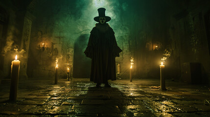 Plague doctor wearing a mask and top hat is standing in a dark dungeon lit by candles