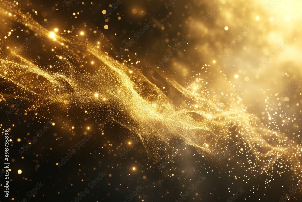 Poster a cascade of golden particles swirl and dance in a black sky, creating a mesmerizing and elegant dis