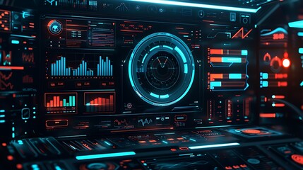 Obraz premium Futuristic user interface, holograms and data graphs, high-tech environment