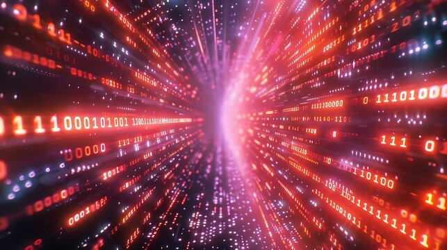 Moving data matrix, background of binary codes and flashing lights