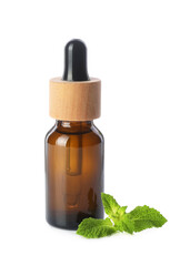 Bottle of essential oil and mint isolated on white