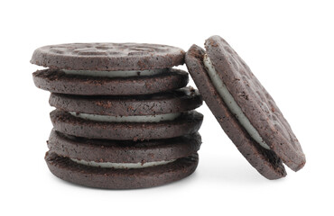 Many tasty sandwich cookies isolated on white