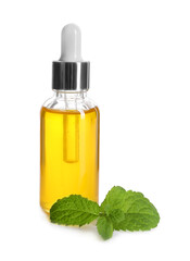 Bottle of essential oil and mint isolated on white
