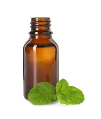 Bottle of essential oil and mint isolated on white