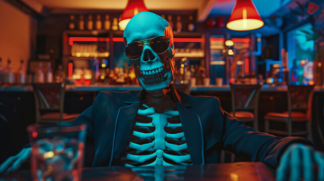 Skeleton wearing a suit and sunglasses sitting at a bar with a drink, enjoying the nightlife