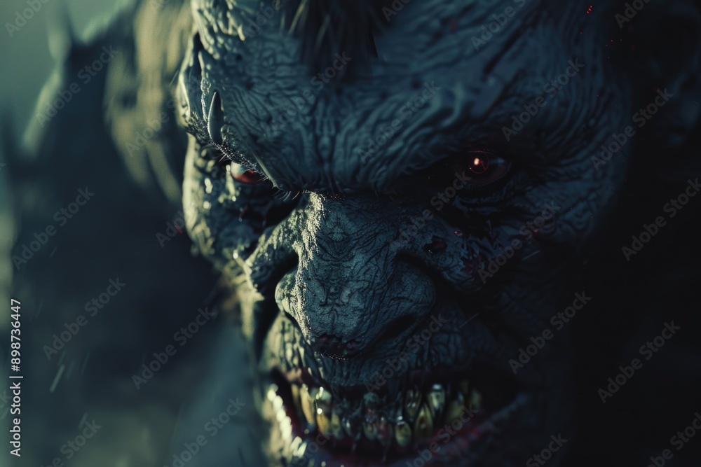 Poster a close-up shot of a demonic-looking face with horns and sharp teeth