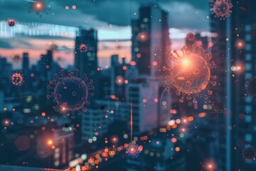 Obraz premium Airborne virus particles over a city, representing the spread of the virus and urban protection