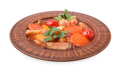 Tasty homemade stew with vegetables in bowl isolated on white