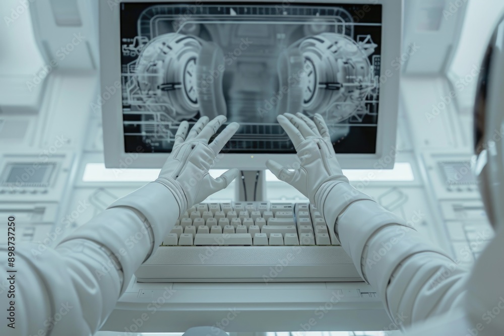 Poster a person wearing a white suit sits in front of a computer, focused on the screen