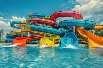 Aquatic amusement park with water slides to enjoy with friends and family. Outdoor summer activities
