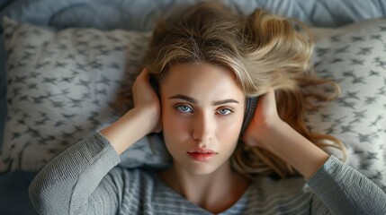 Fototapeta premium a woman in bed on a pillow suffers and cannot sleep, covers her ears with a pillow