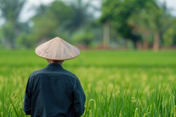 asian man wearing traditional hat standing in the green field