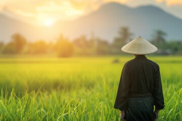 asian man wearing traditional hat standing in the green field