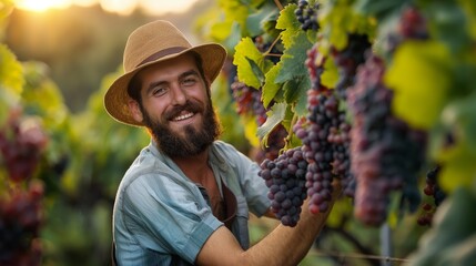 A young farmer tending to his vineyard, carefully pruning grapes to ensure a high-quality wine production