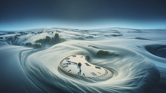 Liquid distorted clock flowing over a fractal surreal landscape. Flow of time concept, time and space physics.