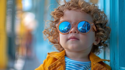 Little Boy With Curly Hair Wearing Sunglasses