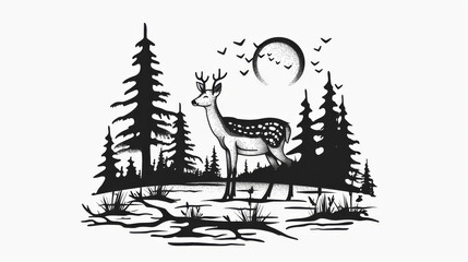Fototapeta premium Deer illustration for T-shirt designs, tattoos, or other art projects, featuring a minimalist line art style of a deer in nature.