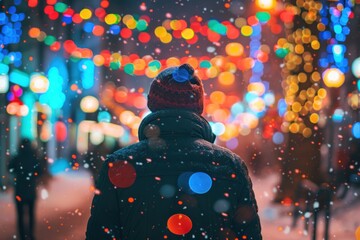 Back view of a person in a winter coat, colorful city lights, and snow, holiday spirit