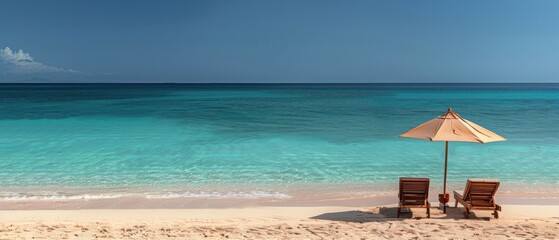Obraz premium Two Chairs and an Umbrella on a Beach