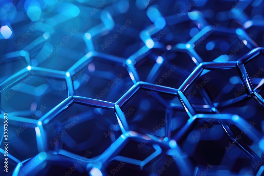 Poster A close-up view of a bunch of blue hexagons, suitable for use in illustrations and designs where geometric shapes are needed