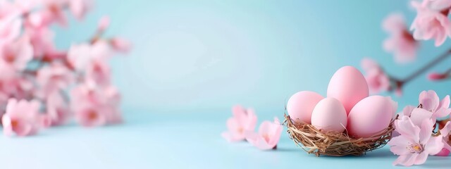  A blue tabletop bears a basket filled with pink eggs Nearby, a branch blooms with pink flowers