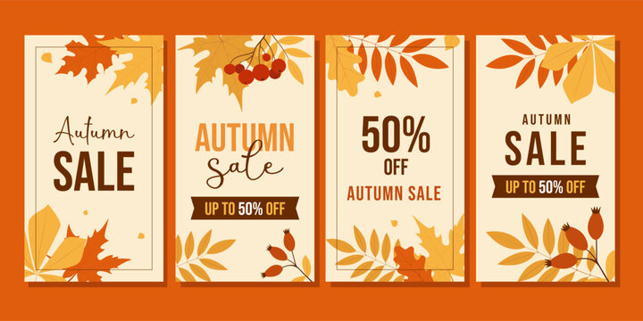 Vertical banner set for autumn sale with fall leaves. Vector illustration templates ideal for seasonal discounts in stores
