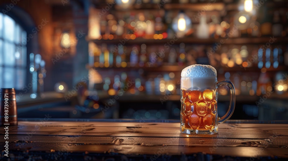 Poster a single glass of beer with a thick head sits on a wooden bar counter in a dimly lit pub. bottles on