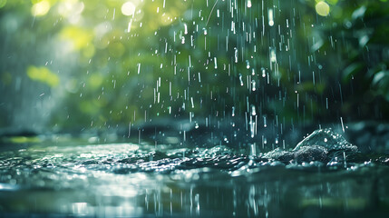 photo of rain falling in the forest, raindrops on the water surface, nature background, blurred greenery, sunlight reflection, depth of field effect