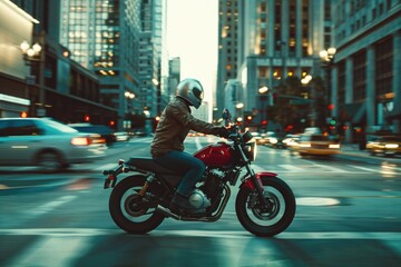 Fototapeta premium A person rides a motorcycle on a busy city street, with traffic and buildings in the background
